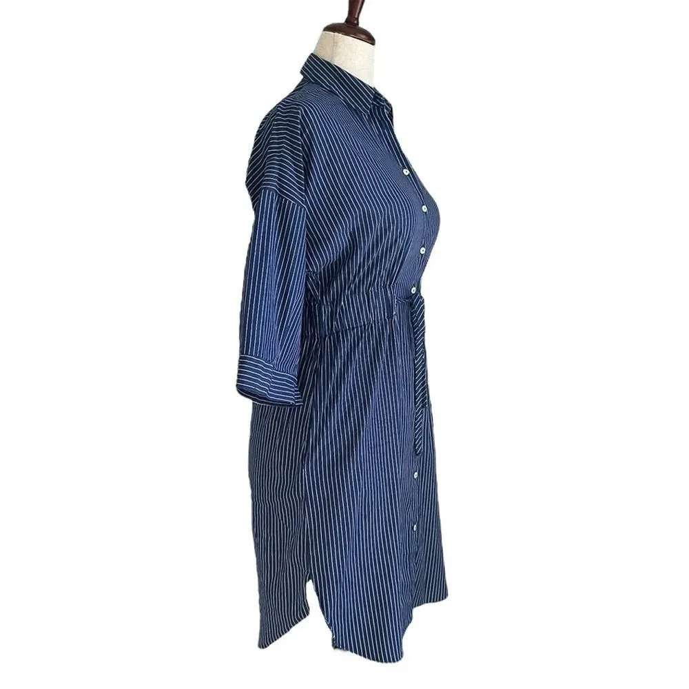 Zara Blue & White Striped Button Down Shirt Dress Side Pockets EUC Size S